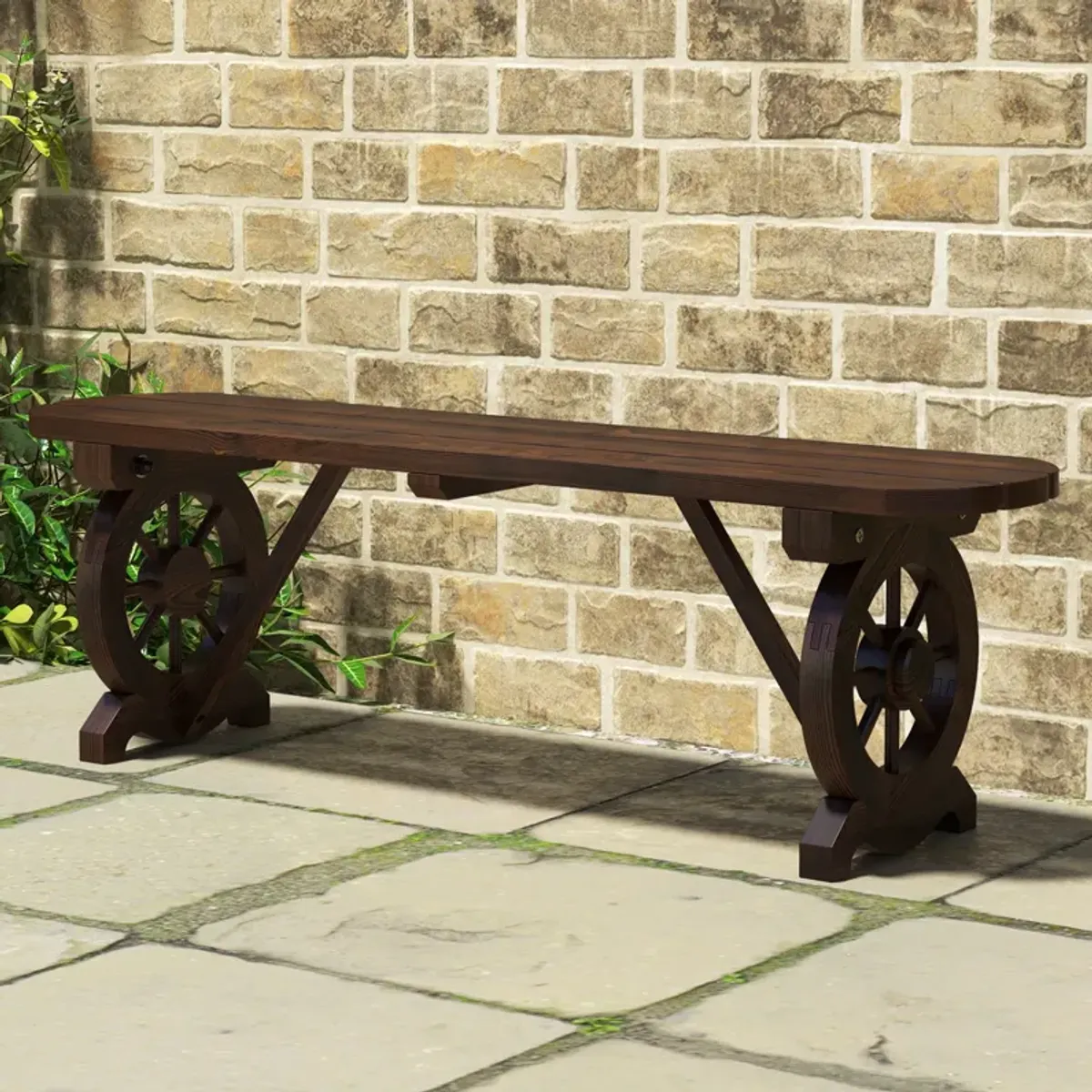 Patio Rustic Wood Bench with Wagon Wheel Base