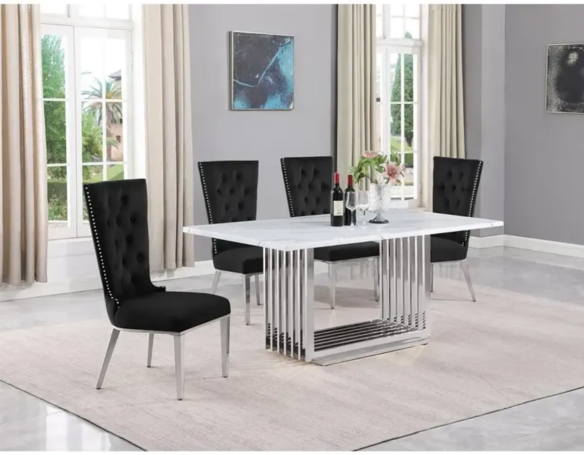 5pc Small(68") marble top dining set with silver base and 4 Black side chairs