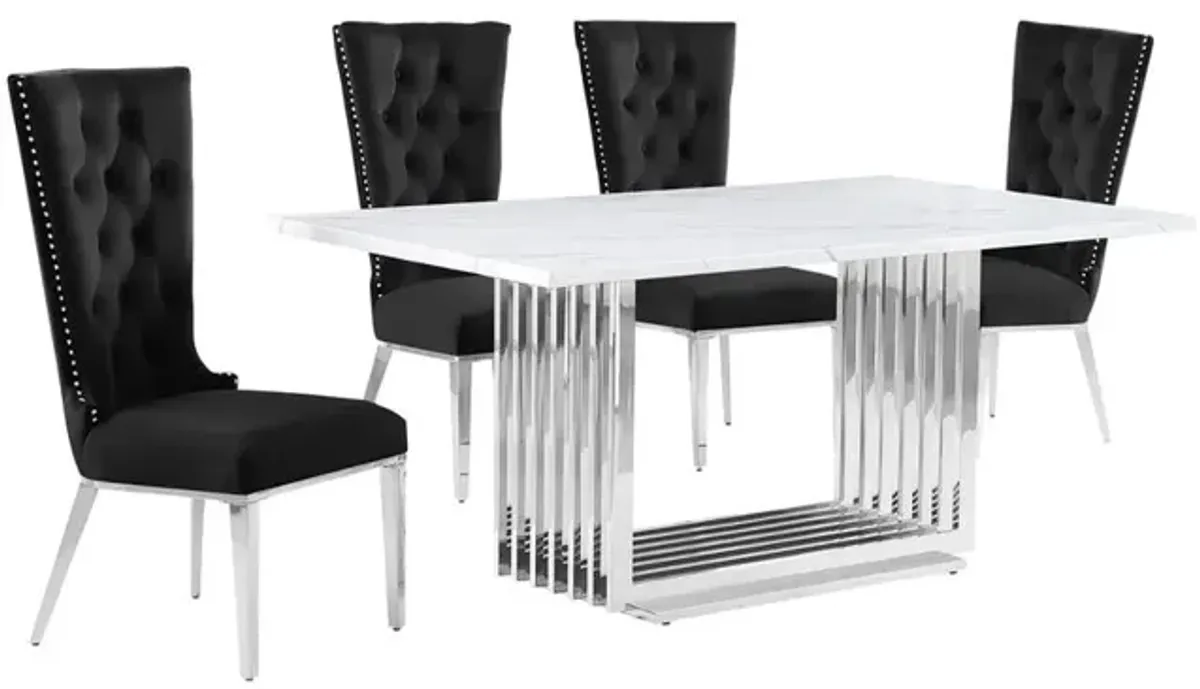 5pc Small(68") marble top dining set with silver base and 4 Black side chairs