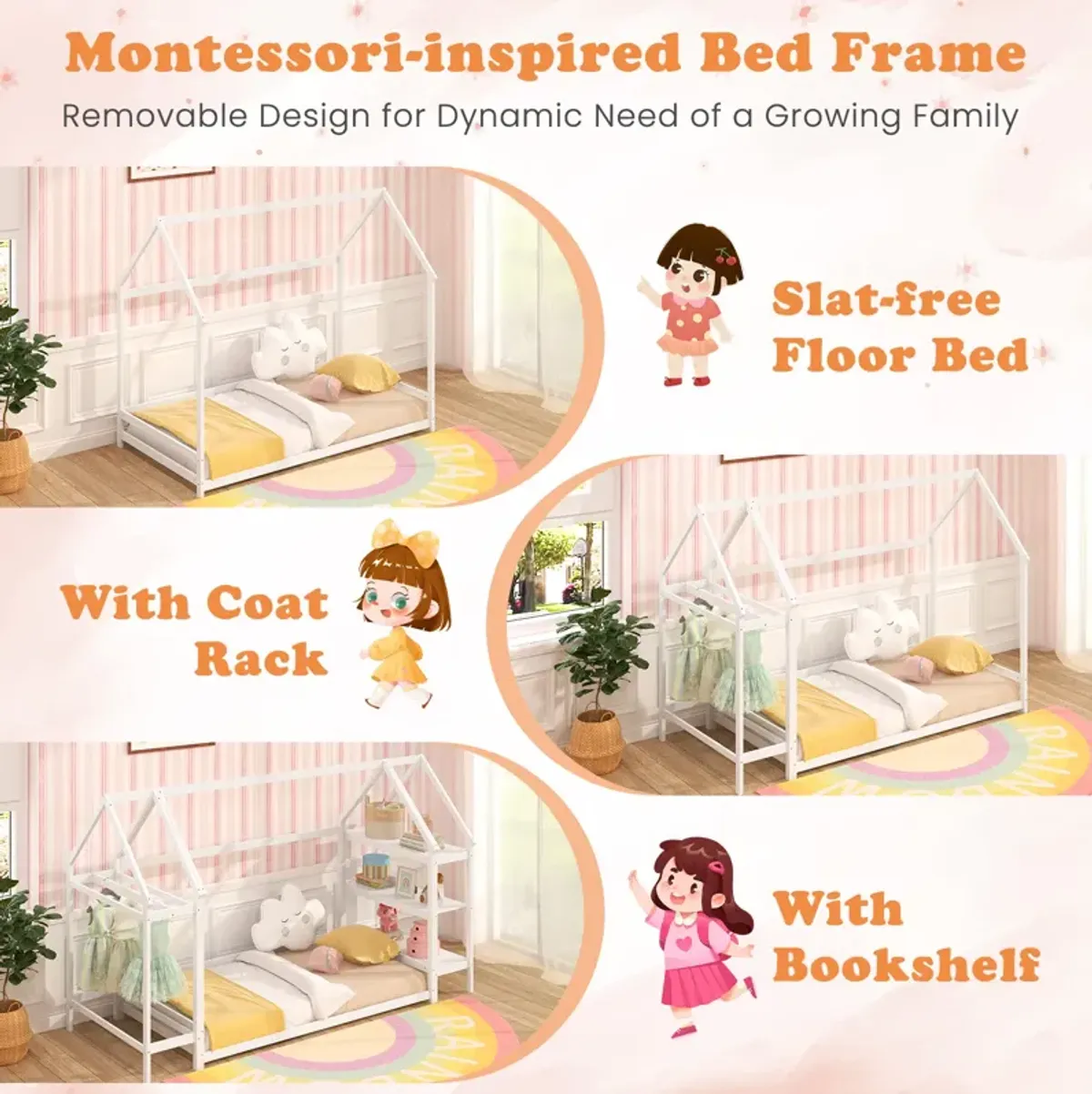 Montessori Floor House Bed with Detachable Storage Shelves