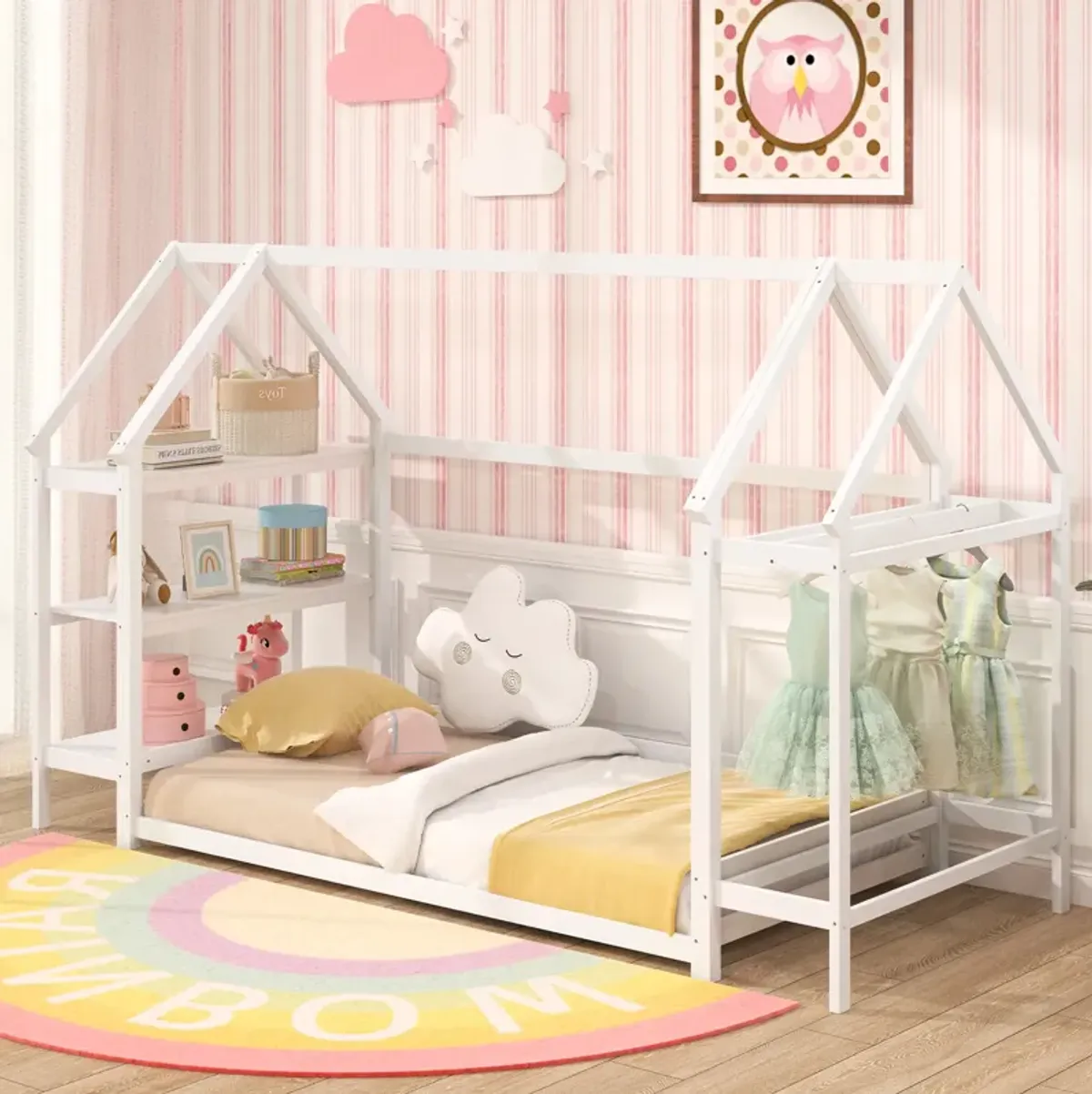 Montessori Floor House Bed with Detachable Storage Shelves