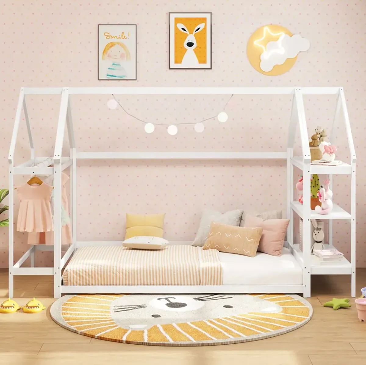 Montessori Floor House Bed with Detachable Storage Shelves