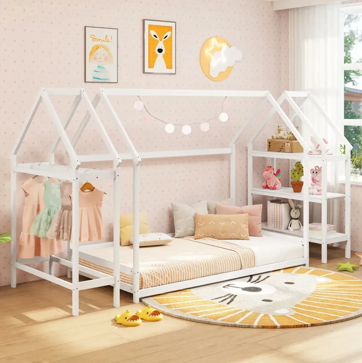 Montessori Floor House Bed with Detachable Storage Shelves