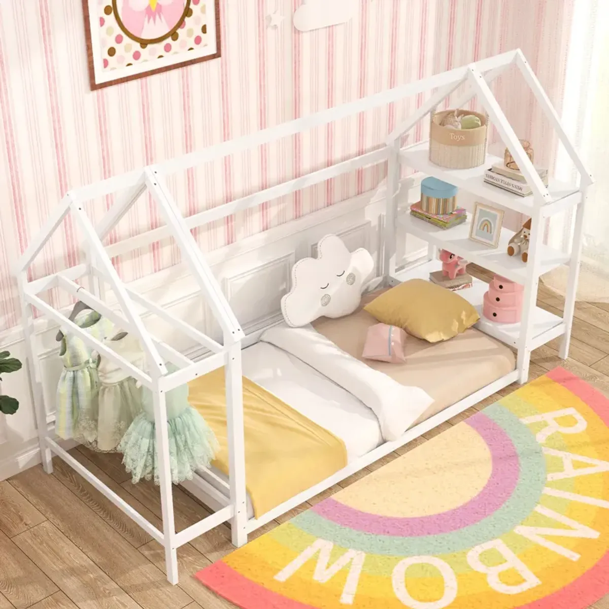 Montessori Floor House Bed with Detachable Storage Shelves