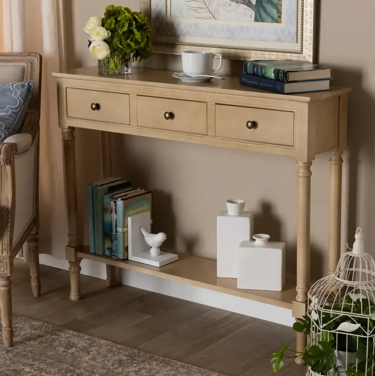 Baxton Studio Calvin Farmhouse Oak Finished Wood 3 Drawer Entryway Console Table