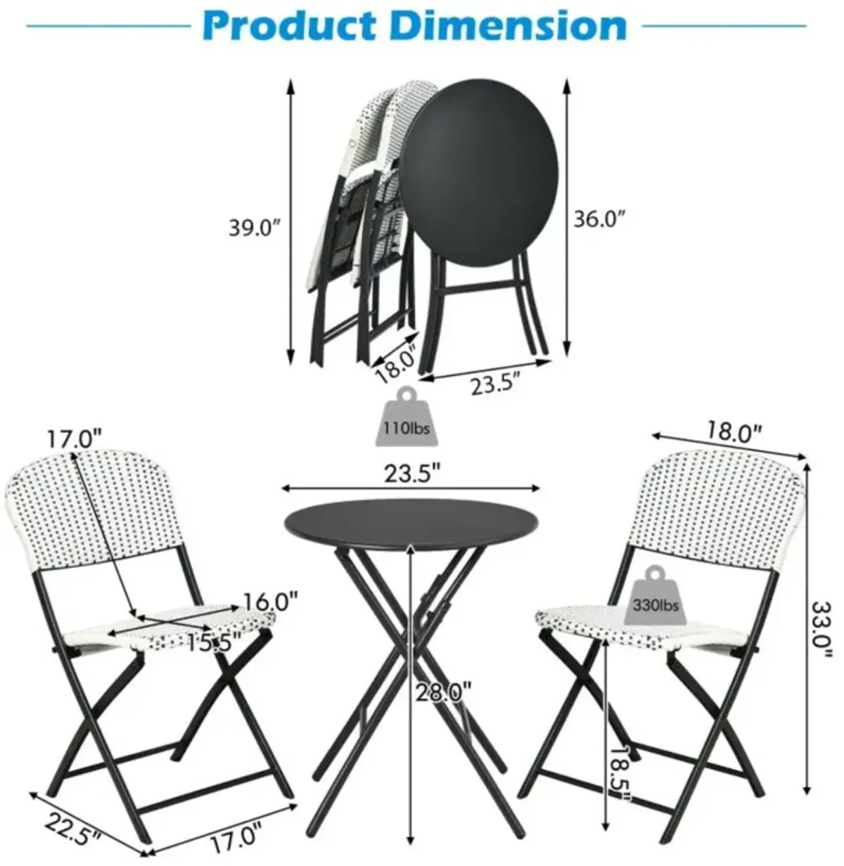 Hivvago 3 Pieces Patio Rattan Bistro Set with Round Dining Table and 2 Chairs