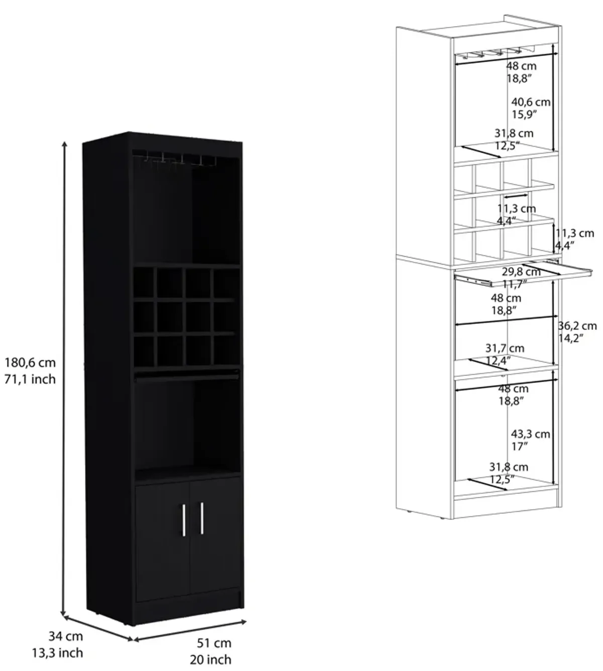 Pisek Bar Cabinet 5-Tier, Wine Cabinet, Liquor Cabinet, 12 Bottle Cubbies, 5 Shelves, White, Living Room