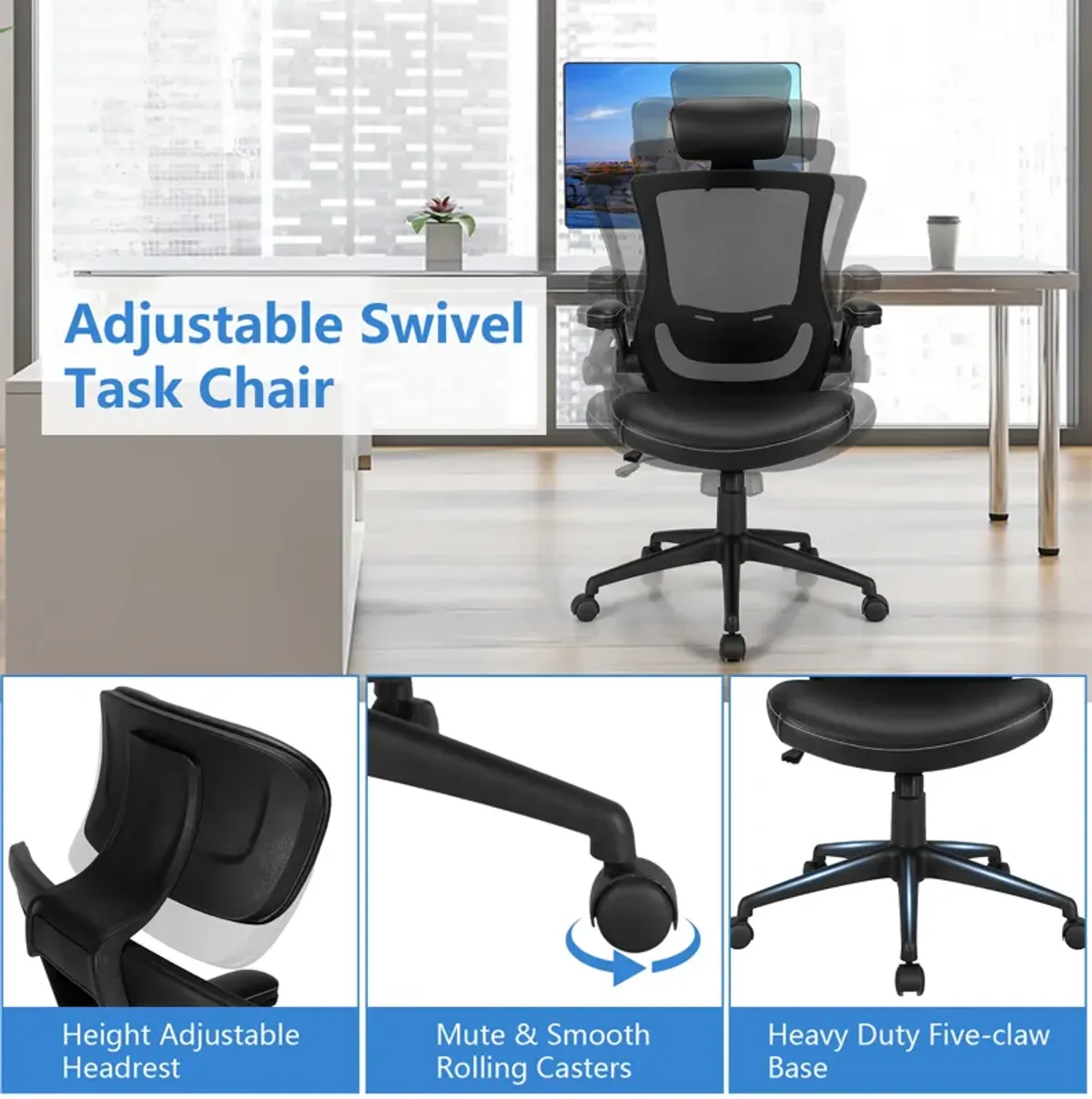 Costway Mesh Back Adjustable Swivel Office Chair w/ Flip up Arms Leather Seat