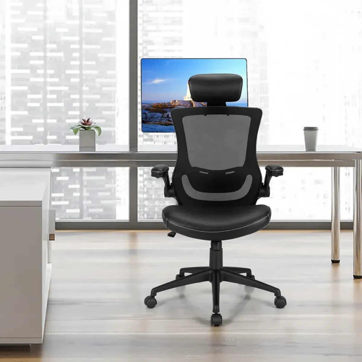 Costway Mesh Back Adjustable Swivel Office Chair w/ Flip up Arms Leather Seat