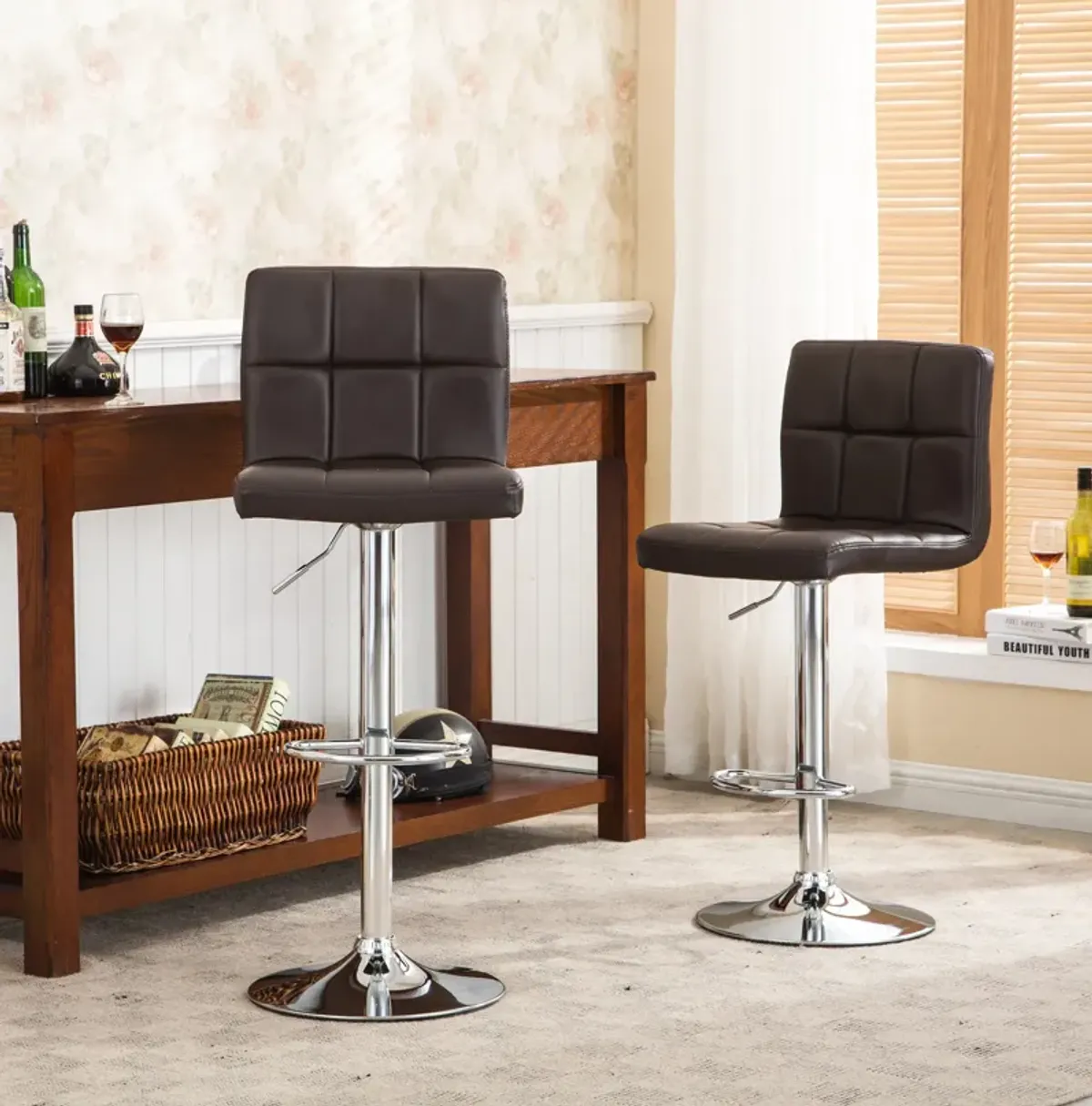 Faux Leather Adjustable Hydraulic Bar Stool, Set of 2, Brown