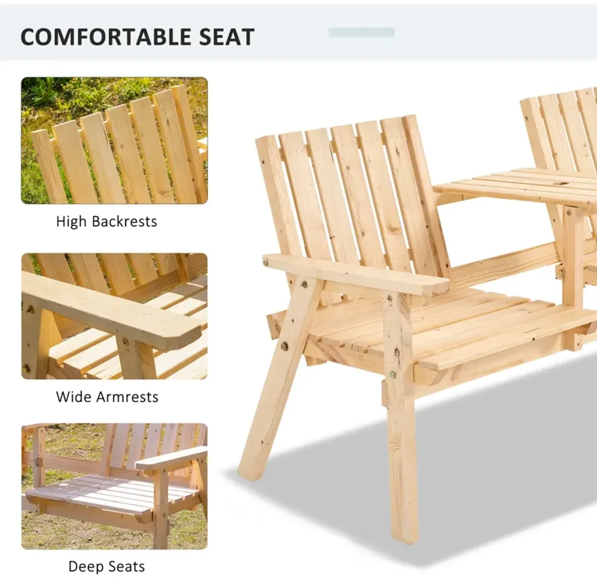 Natural Wood Outdoor Duo: Garden Loveseat with Umbrella Hole Table