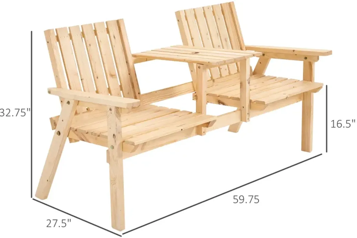 Natural Wood Outdoor Duo: Garden Loveseat with Umbrella Hole Table