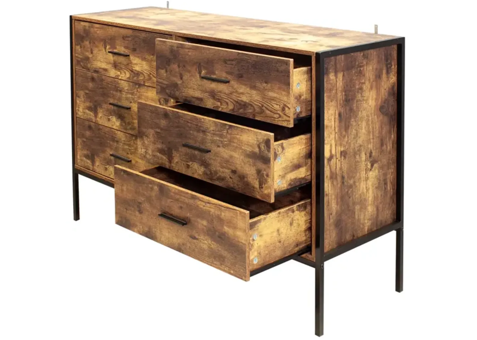 Rustic Brown 6 Drawer Double Dresser with Steel Frame