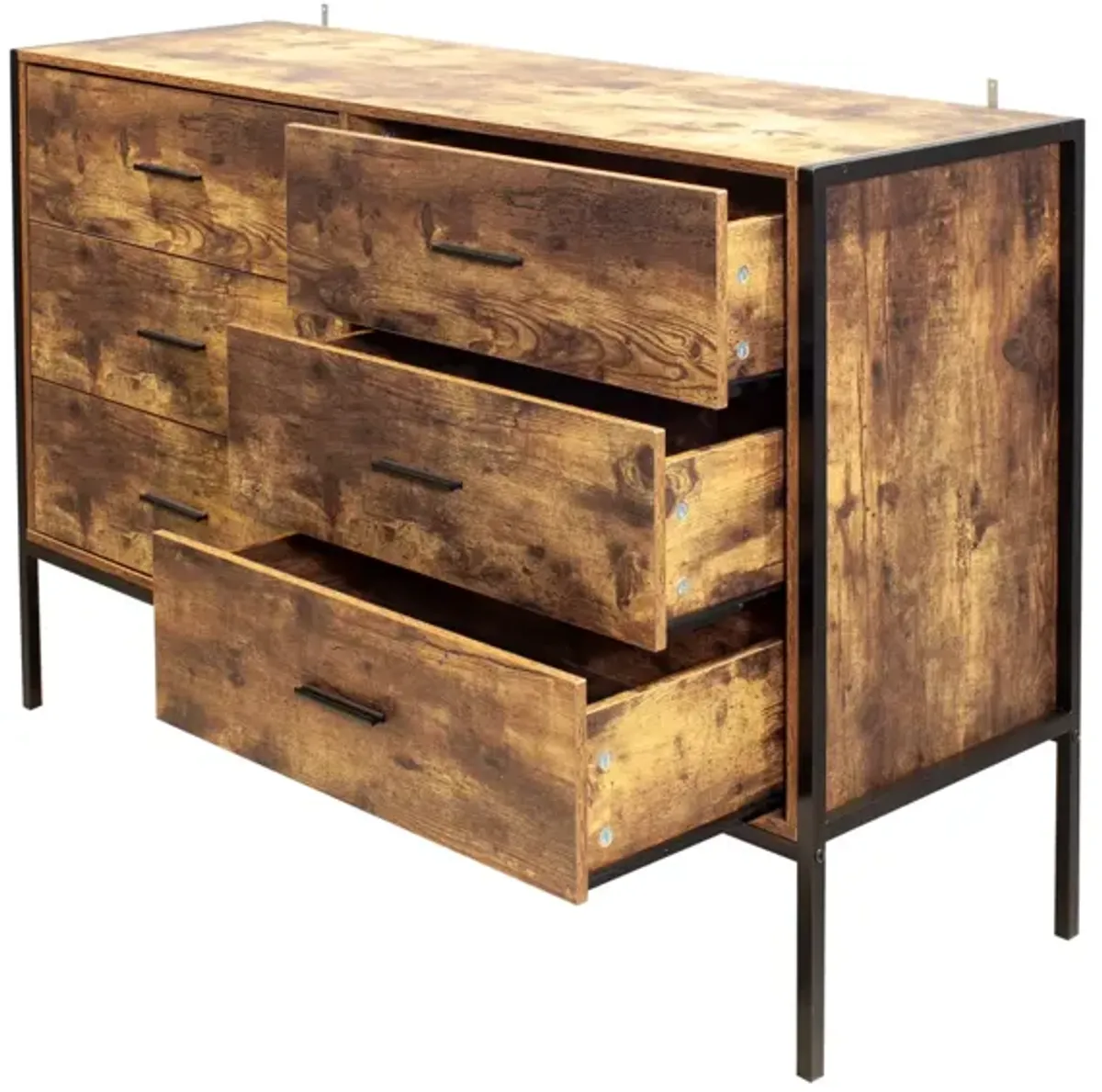 Rustic Brown 6 Drawer Double Dresser with Steel Frame