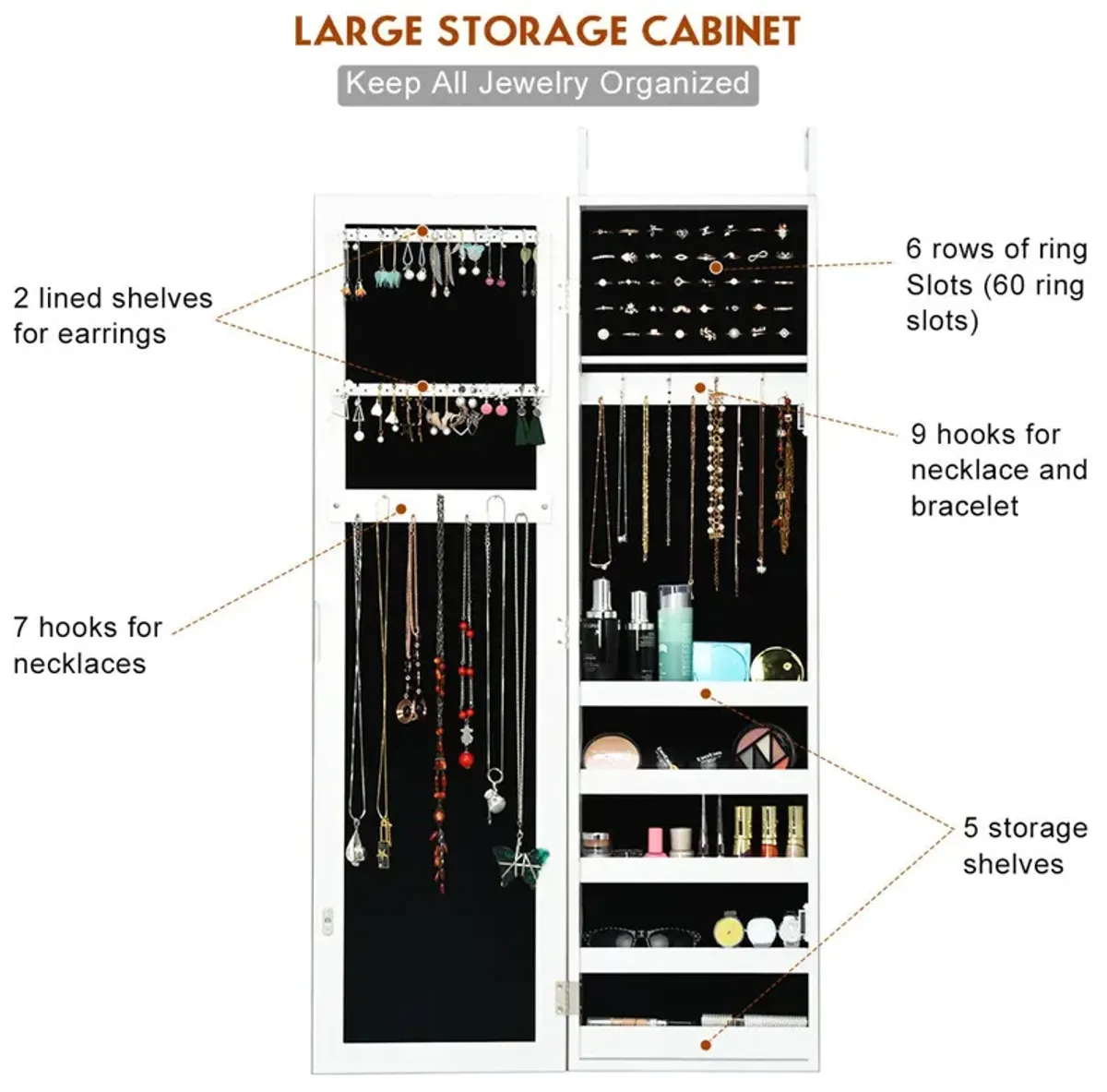 Door and Wall Mounted Armoire Jewelry Cabinet with Full-Length Mirror