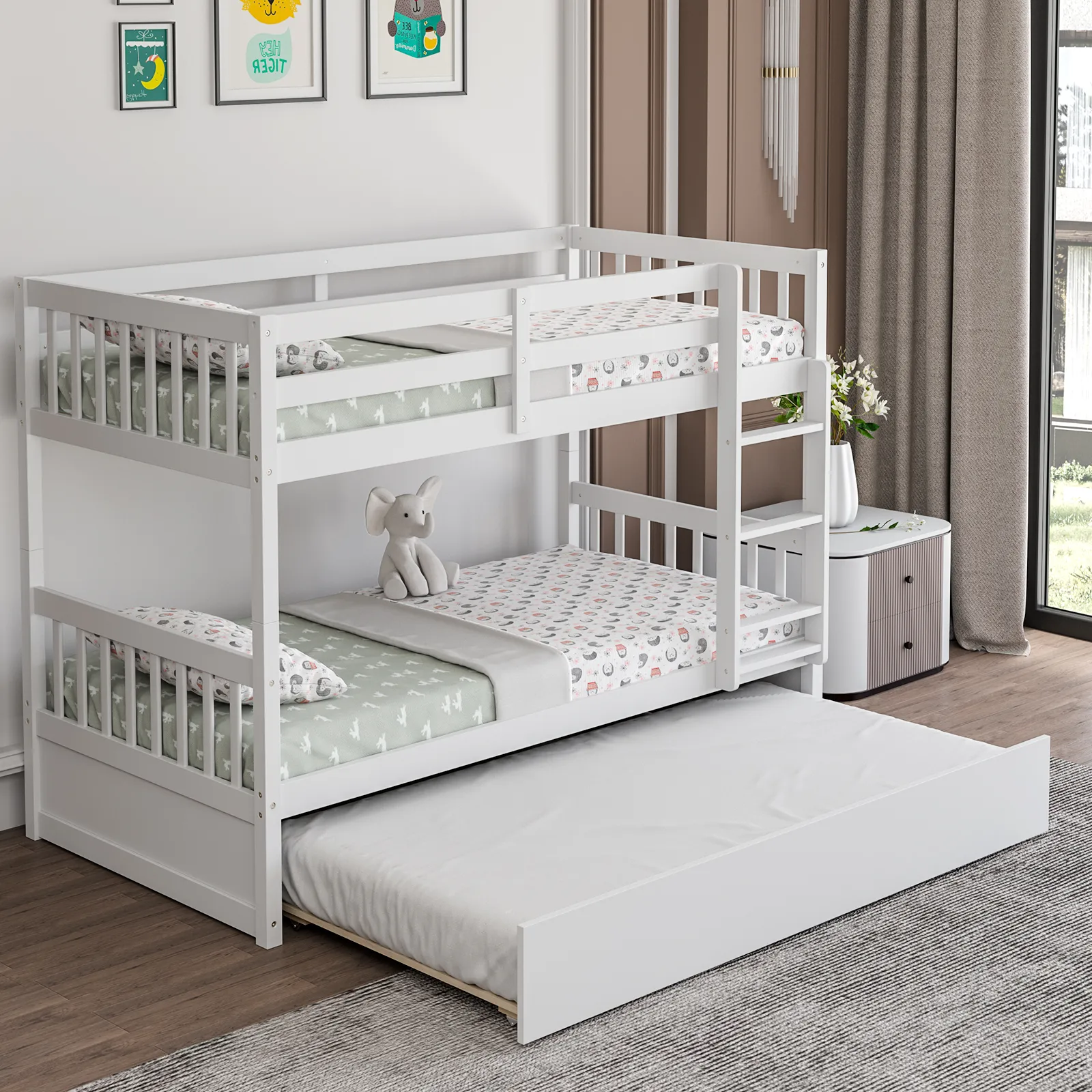 Twin Over Twin Bunk Bed with Pull-out Trundle and Ladder