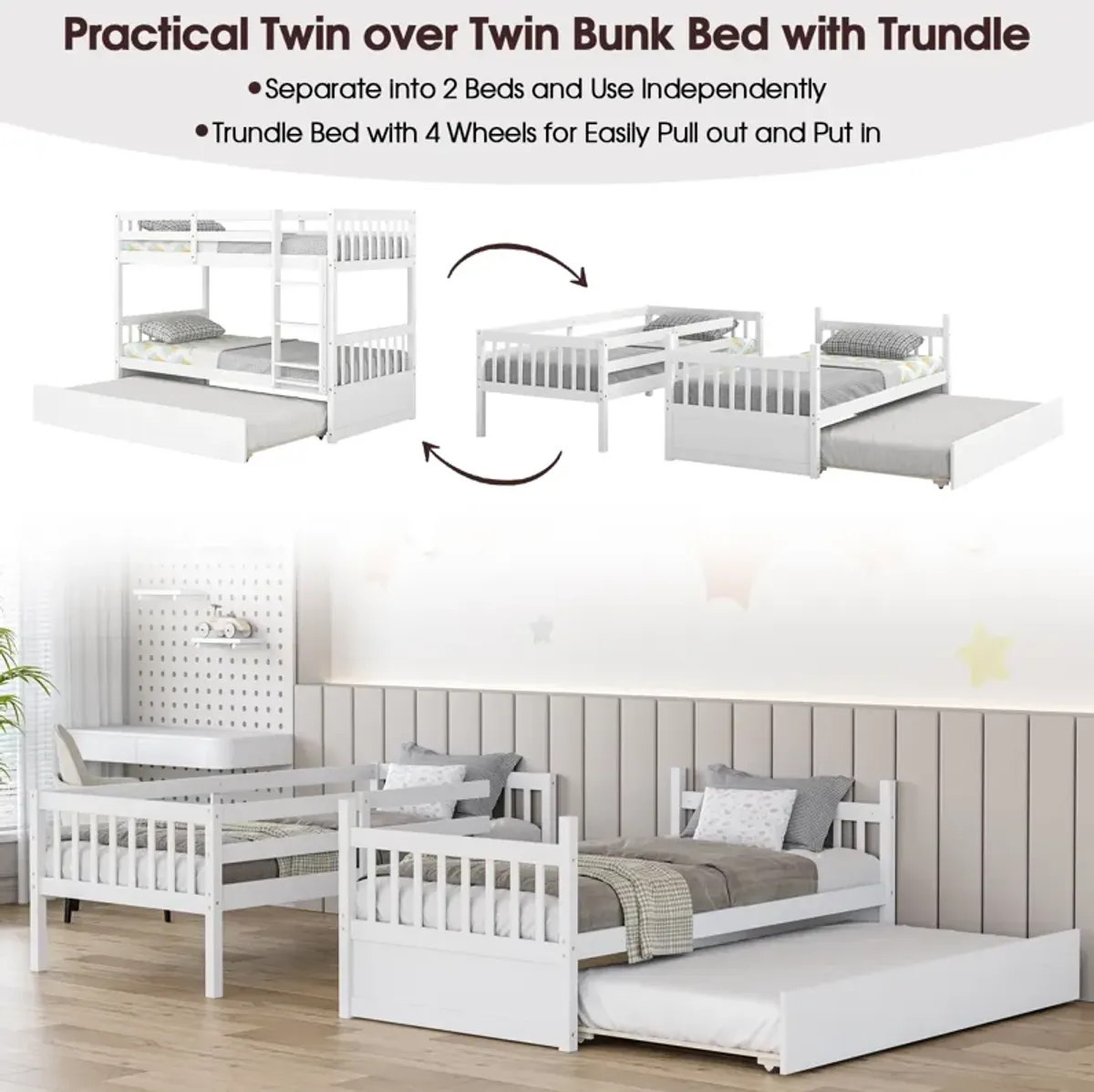 Twin Over Twin Bunk Bed with Pull-out Trundle and Ladder