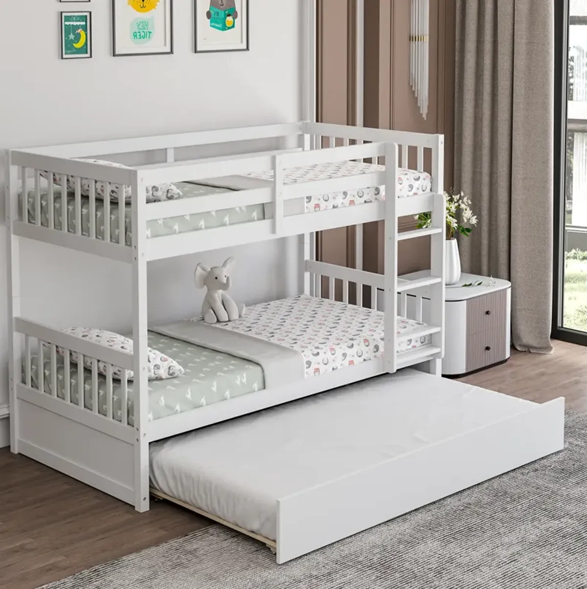 Twin Over Twin Bunk Bed with Pull-out Trundle and Ladder