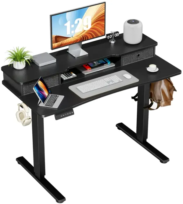 Home Office Height Adjustable Electric Standing Desk With Storage Shelf Double Drawer
