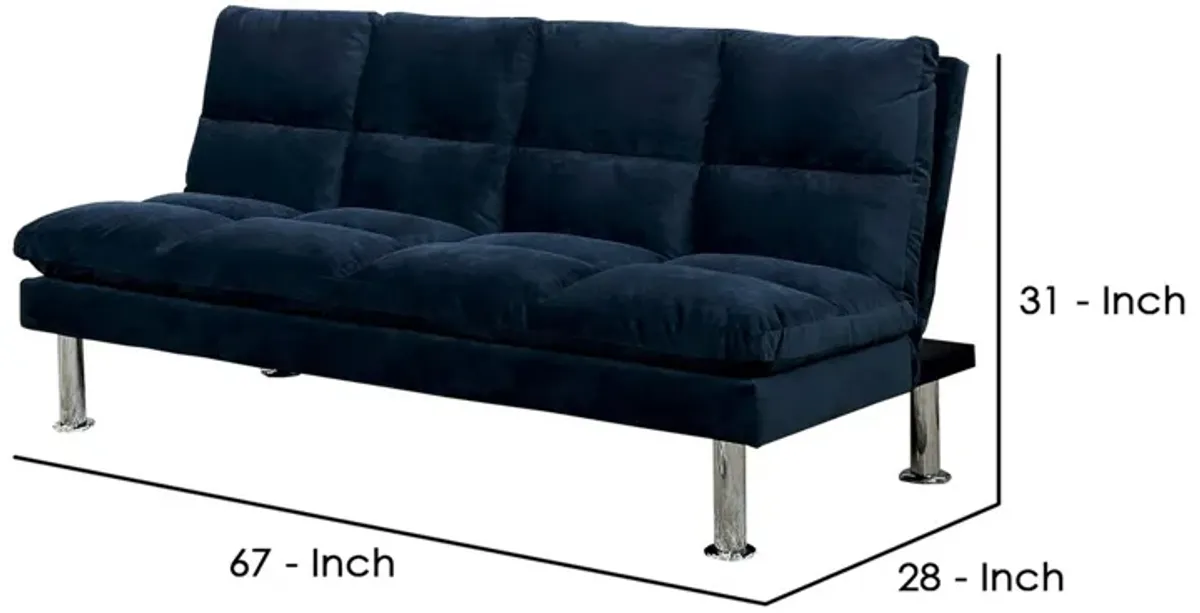 Futon Sofa with Tufted Padded Seating and Metal Legs, Blue-Benzara