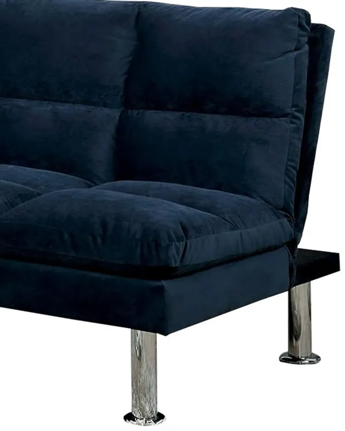 Futon Sofa with Tufted Padded Seating and Metal Legs, Blue-Benzara