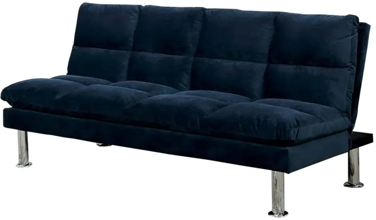 Futon Sofa with Tufted Padded Seating and Metal Legs, Blue-Benzara