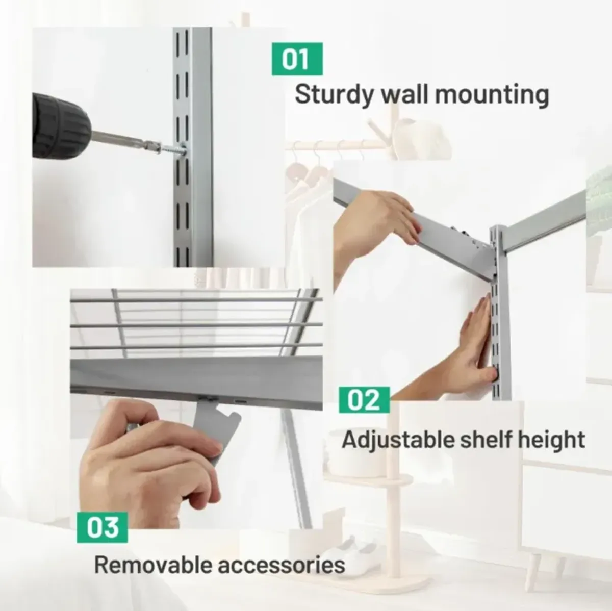 Hivvago Custom Closet Organizer Kit 3 to 5 Feet Wall-Mounted Closet System with Hang Rod