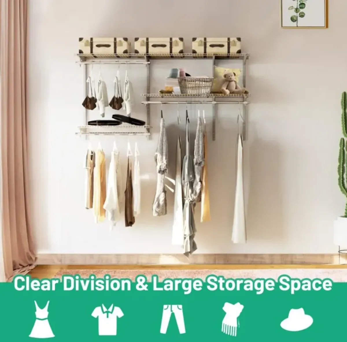 Hivvago Custom Closet Organizer Kit 3 to 5 Feet Wall-Mounted Closet System with Hang Rod