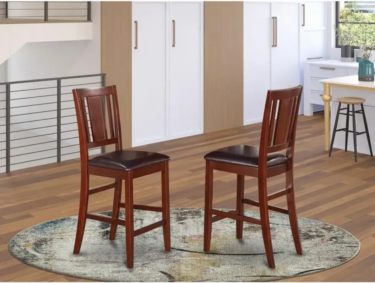 East West Furniture Buckland  Counter  Height  Dining  Chair  with  Leather  Uphostered  Seat  in  Mahogany  Finish,  Set  of  2