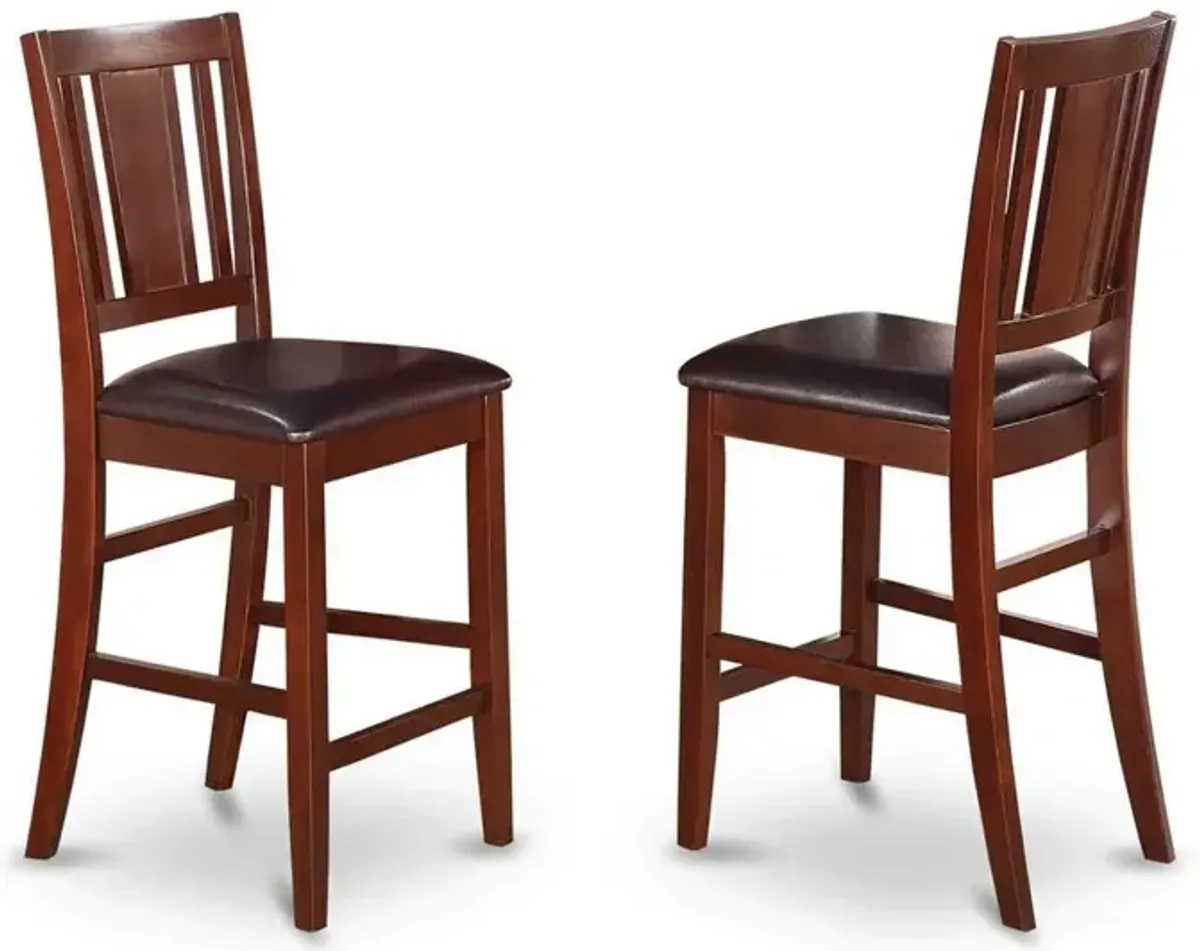 East West Furniture Buckland  Counter  Height  Dining  Chair  with  Leather  Uphostered  Seat  in  Mahogany  Finish,  Set  of  2