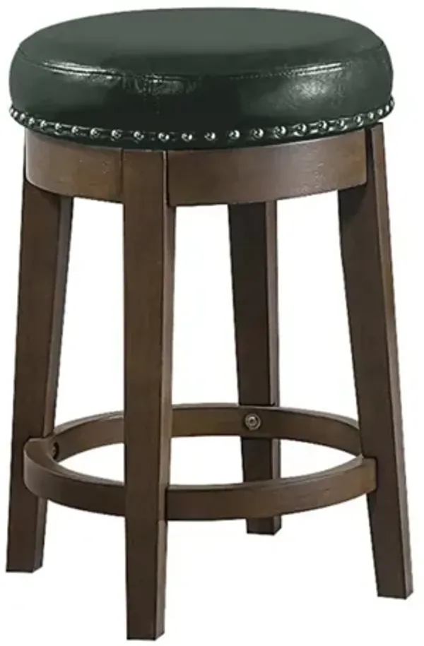 Drue 24 Inch Set of 2 Swivel Counter Stools, Brown Wood Green Faux Leather
 - Benzara