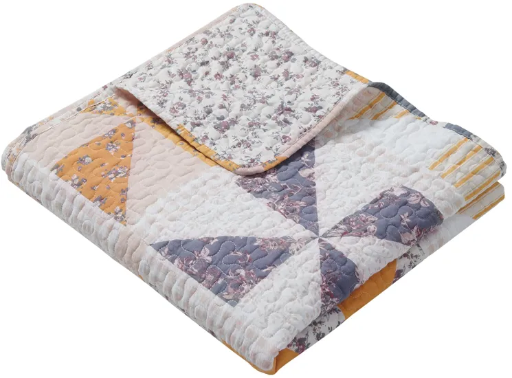 Jey 50 x 60 Quilted Throw Blanket, Patchwork Pinwheel, Peach, Blue Cotton