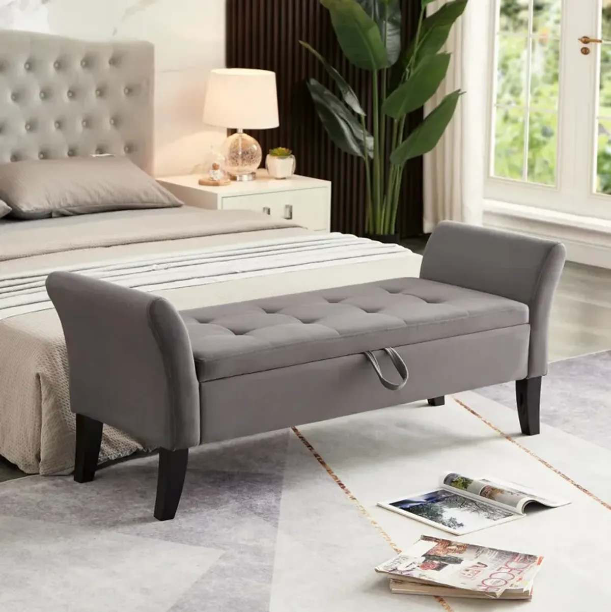 51.5" Bed Bench With Storage Grey Velvet