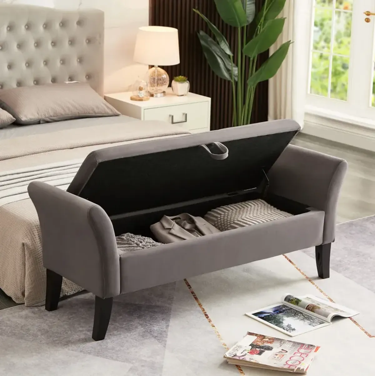 51.5" Bed Bench With Storage Grey Velvet