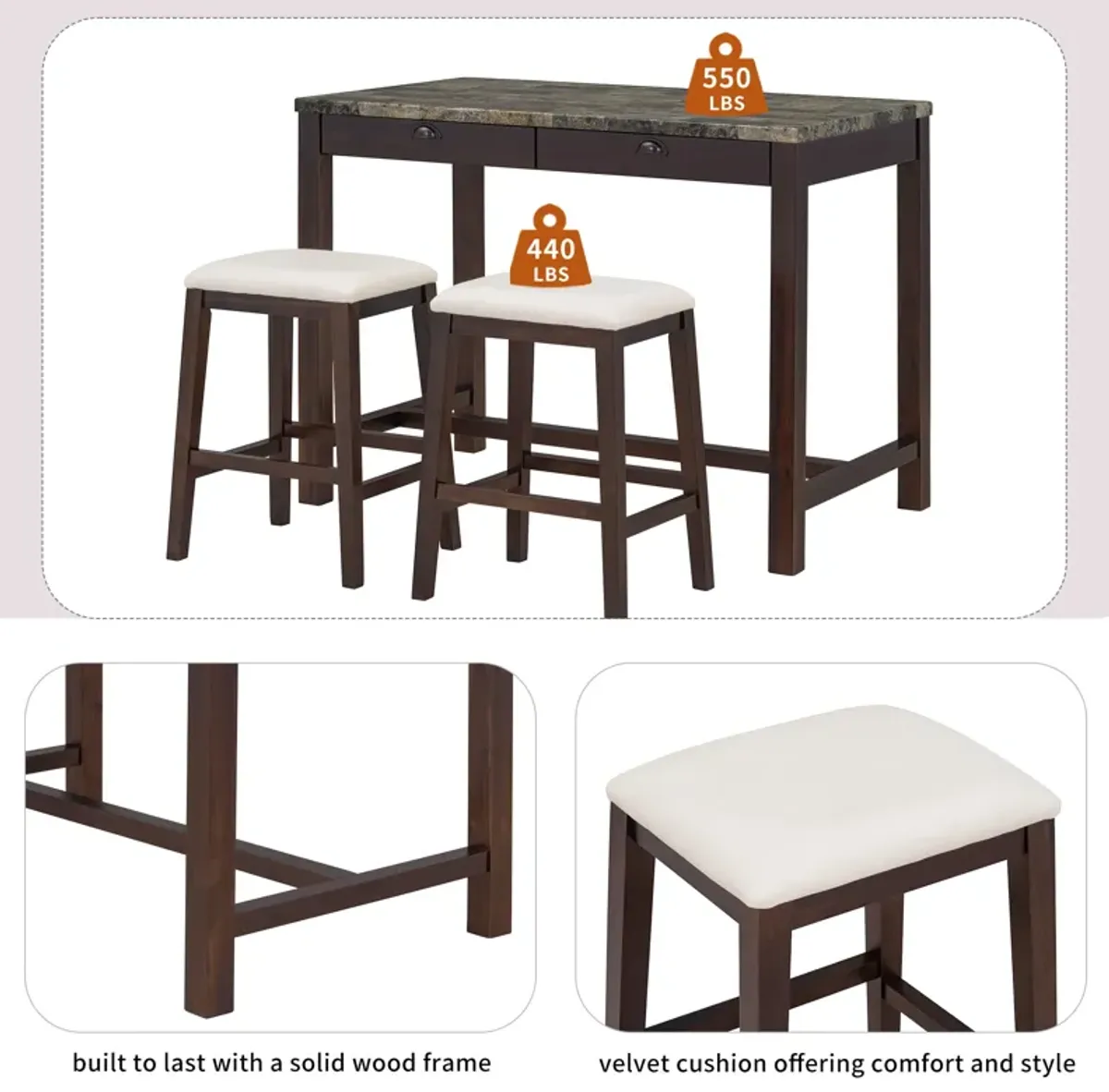 Merax 3-Piece Modern  Versatile Bar Table Stools Dining Set