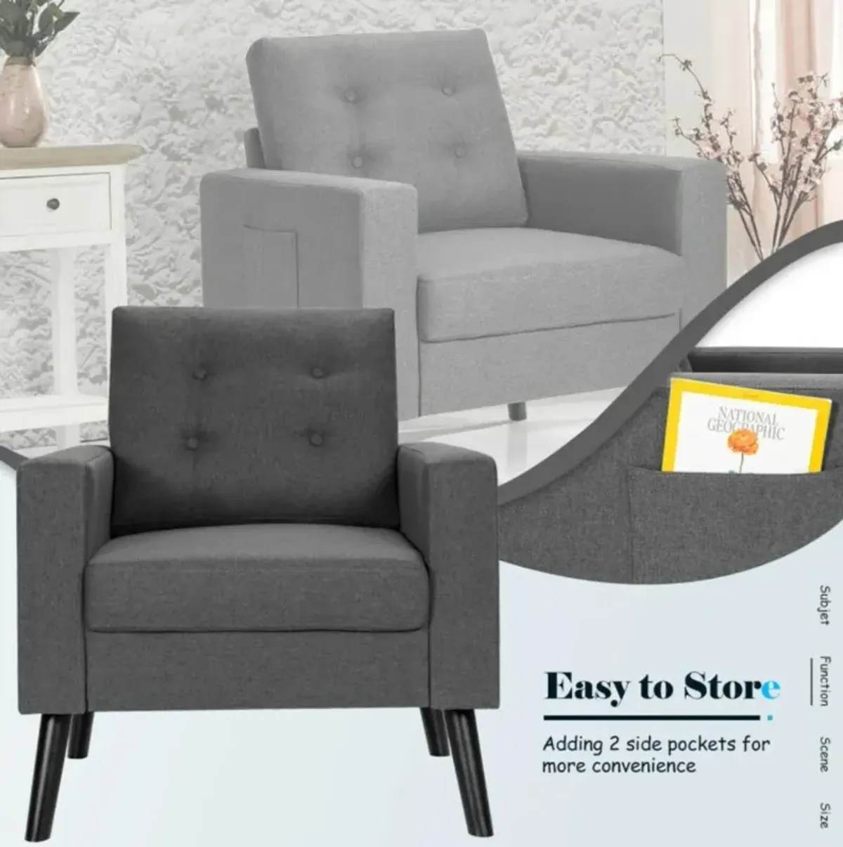 Hivvago Mid-Century Upholstered Armchair Club Chair with Rubber Wood Legs