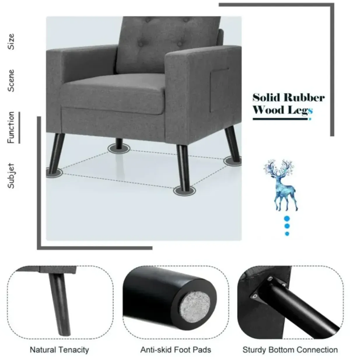 Hivvago Mid-Century Upholstered Armchair Club Chair with Rubber Wood Legs