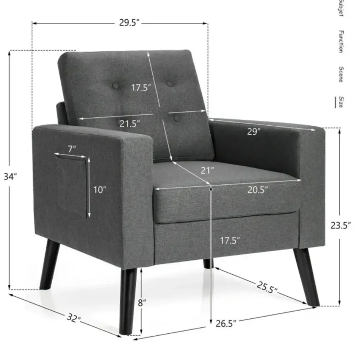 Hivvago Mid-Century Upholstered Armchair Club Chair with Rubber Wood Legs