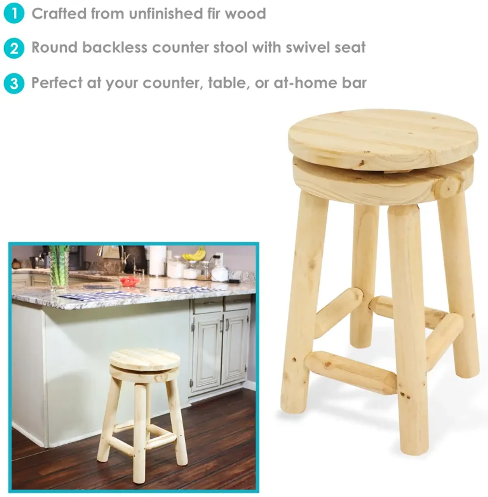 Sunnydaze Rustic Unfinished Fir Wood Indoor Swivel Counter Height Stool ...