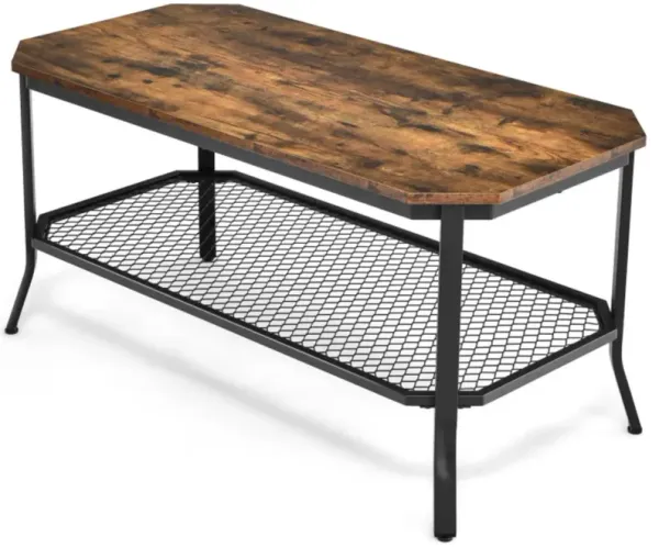 Hivvago 2-Tier Industrial Coffee Table with Open Mesh Storage Shelf for Living Room-Rustic Brown