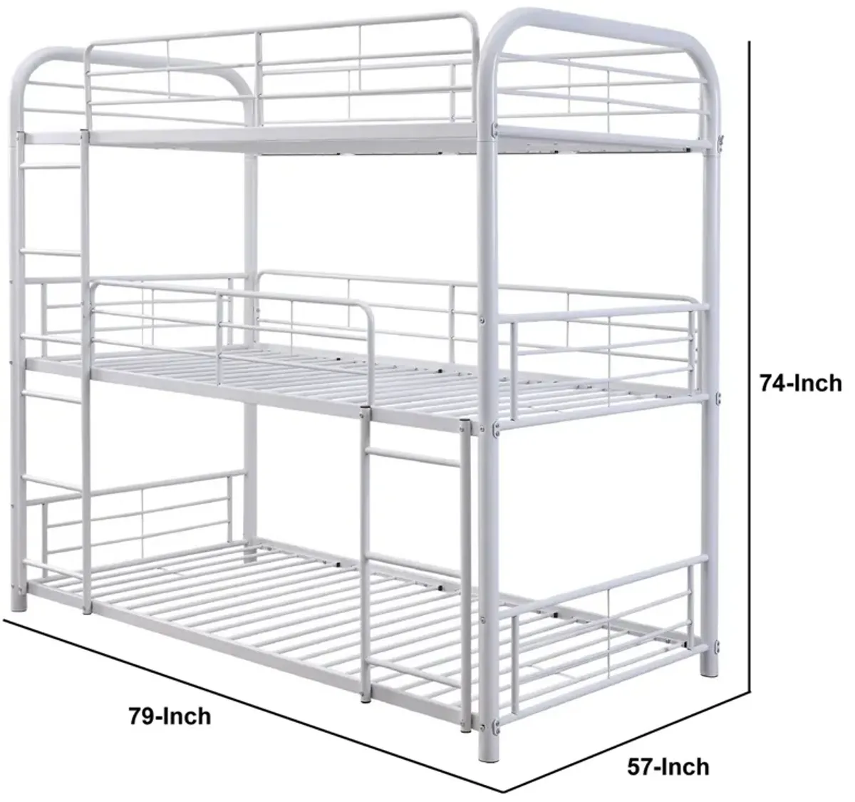 3 Tier Industrial Style Full Size Metal Bunk Bed, White-Benzara