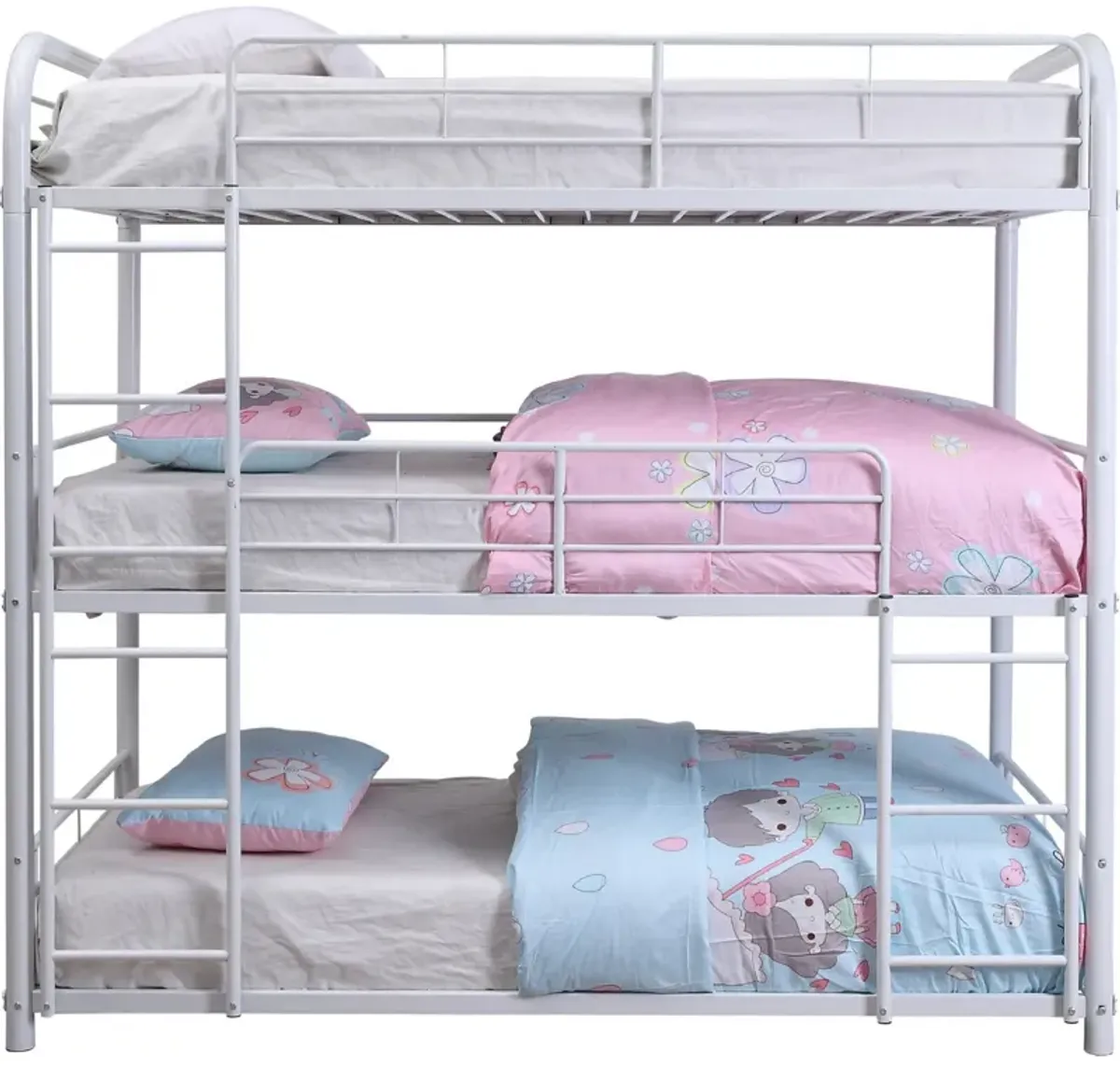 3 Tier Industrial Style Full Size Metal Bunk Bed, White-Benzara