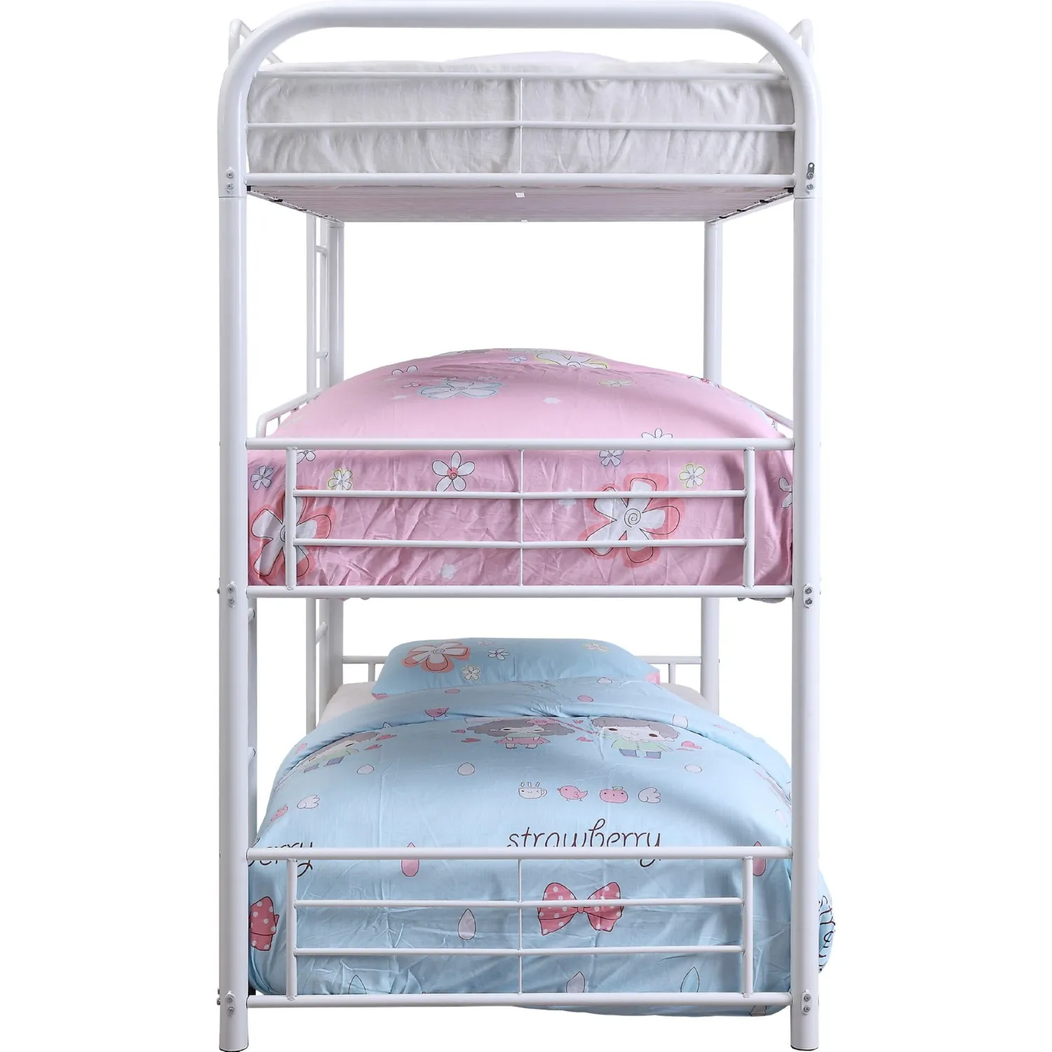 3 Tier Industrial Style Full Size Metal Bunk Bed, White-Benzara