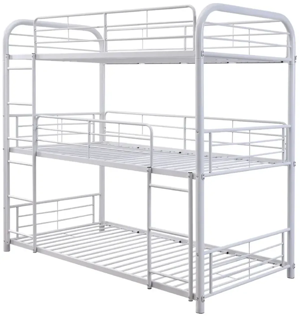 3 Tier Industrial Style Full Size Metal Bunk Bed, White-Benzara