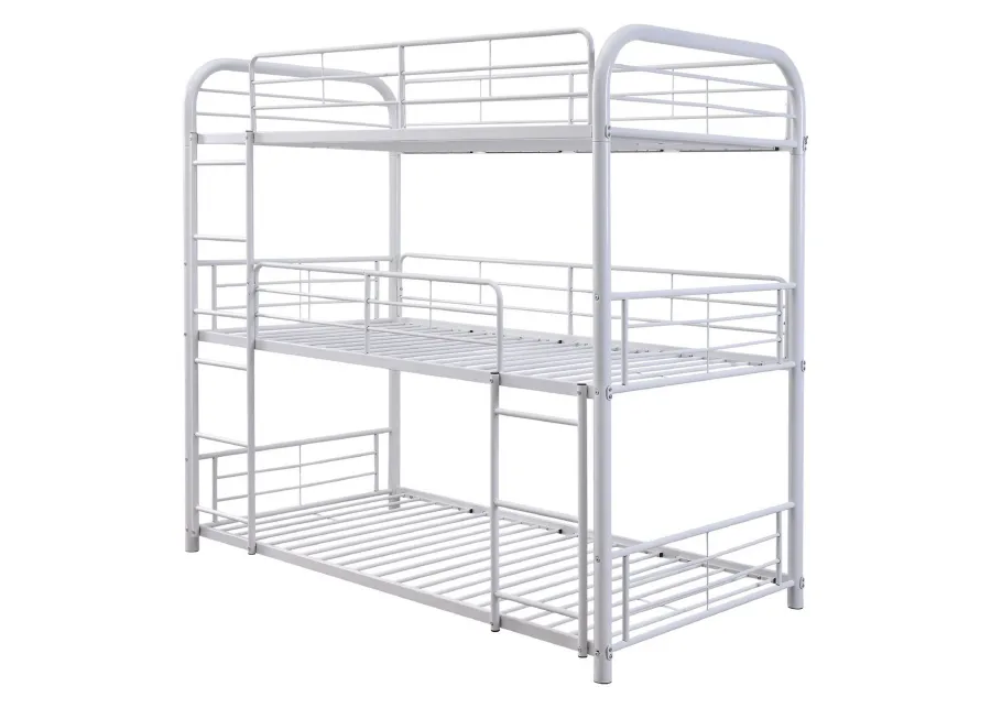 3 Tier Industrial Style Full Size Metal Bunk Bed, White-Benzara