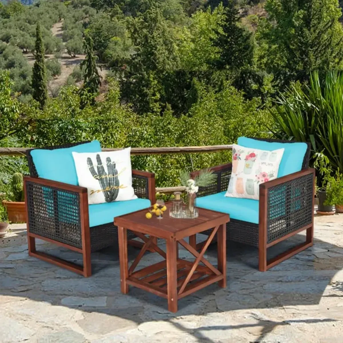 Hivvago 3 Pieces Acacia Wood Patio Furniture Set with Coffee Table