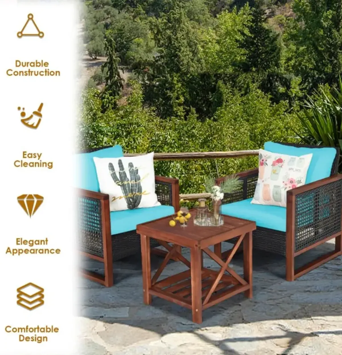 Hivvago 3 Pieces Acacia Wood Patio Furniture Set with Coffee Table