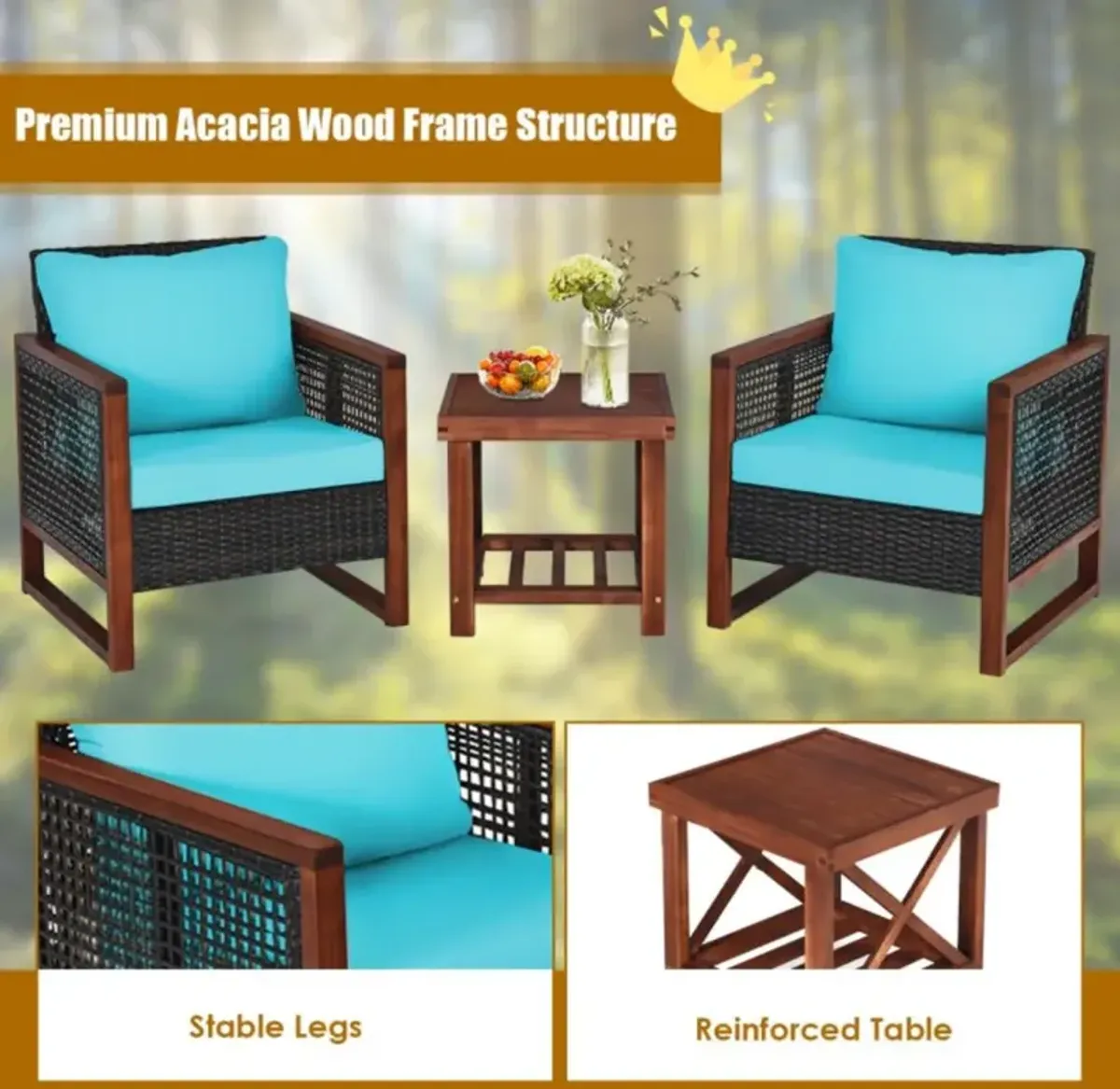 Hivvago 3 Pieces Acacia Wood Patio Furniture Set with Coffee Table