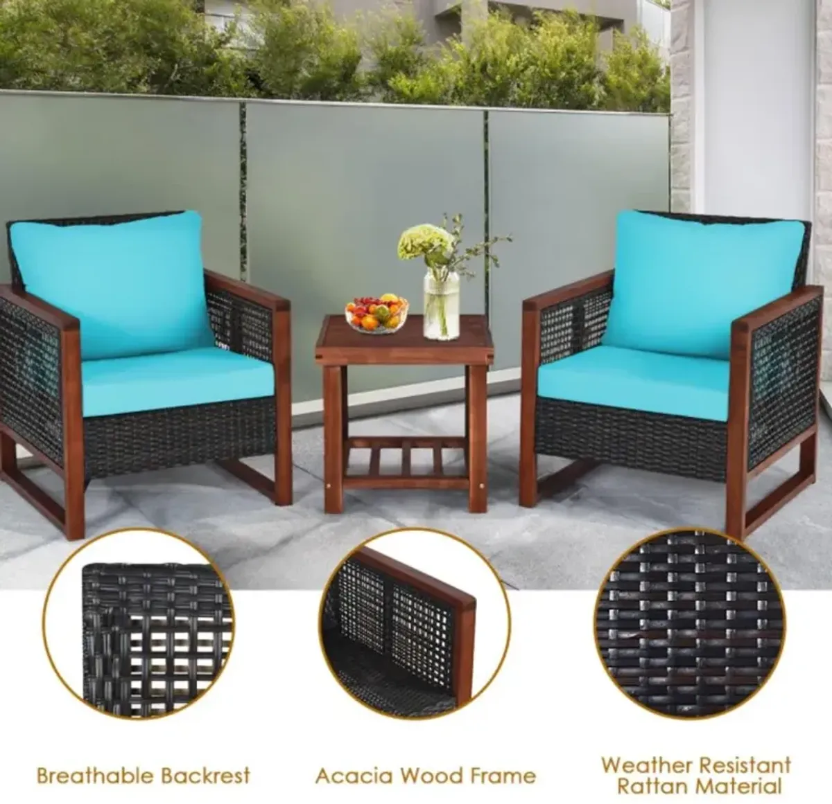 Hivvago 3 Pieces Acacia Wood Patio Furniture Set with Coffee Table