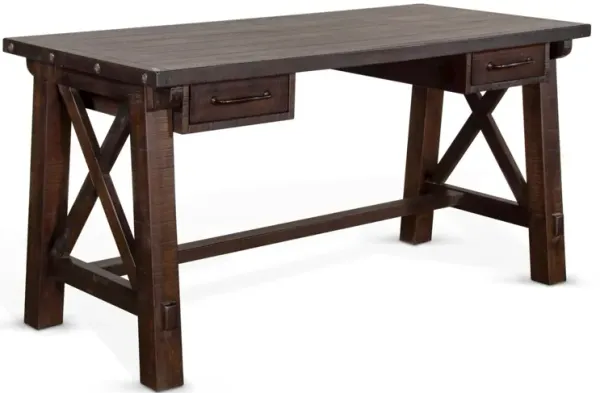 Anva Writing Desk, 2 Drawers, X Motif Panels, Dark Brown 58 Inch Top - Benzara